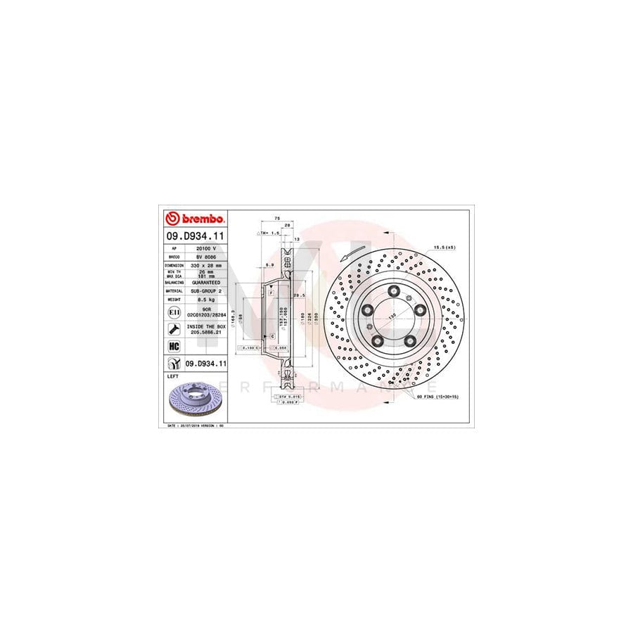 BREMBO 09.D934.11 Brake Disc for PORSCHE 911 Perforated / Vented, Coated, High-carbon, with bolts/screws | ML Performance Car Parts