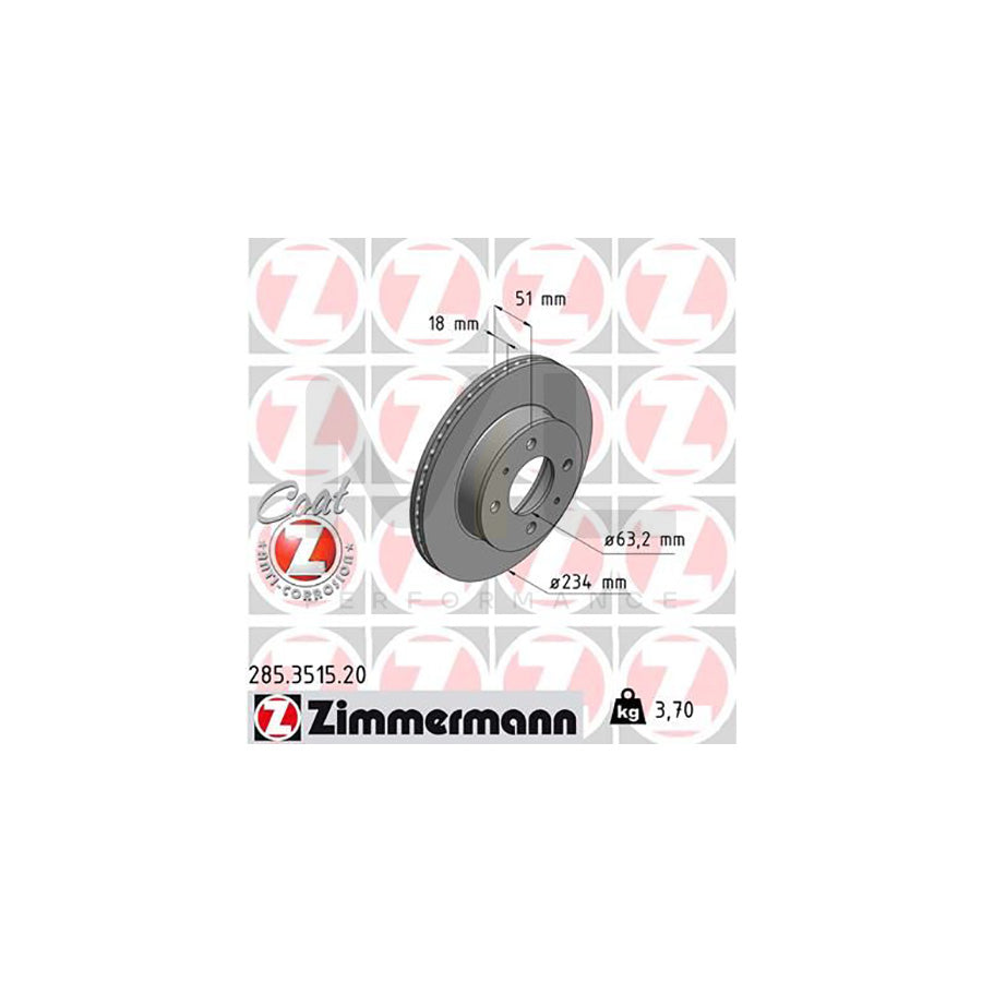 ZIMMERMANN COAT Z 285.3515.20 Brake Disc for HYUNDAI Amica / Atoz (MX) Internally Vented, Coated  - 1 piece