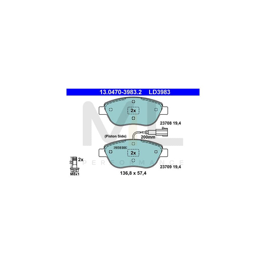 ATE Ceramic 13.0470-3983.2 Brake pad set incl. wear warning contact, with brake caliper screws