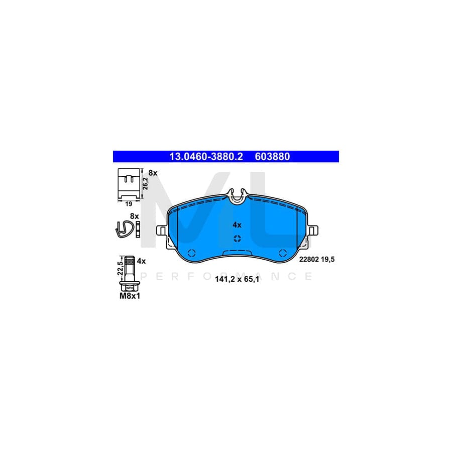 ATE 13.0460-3880.2 Brake pad set excl. wear warning contact, prepared for wear indicator, with brake caliper screws, with accessories