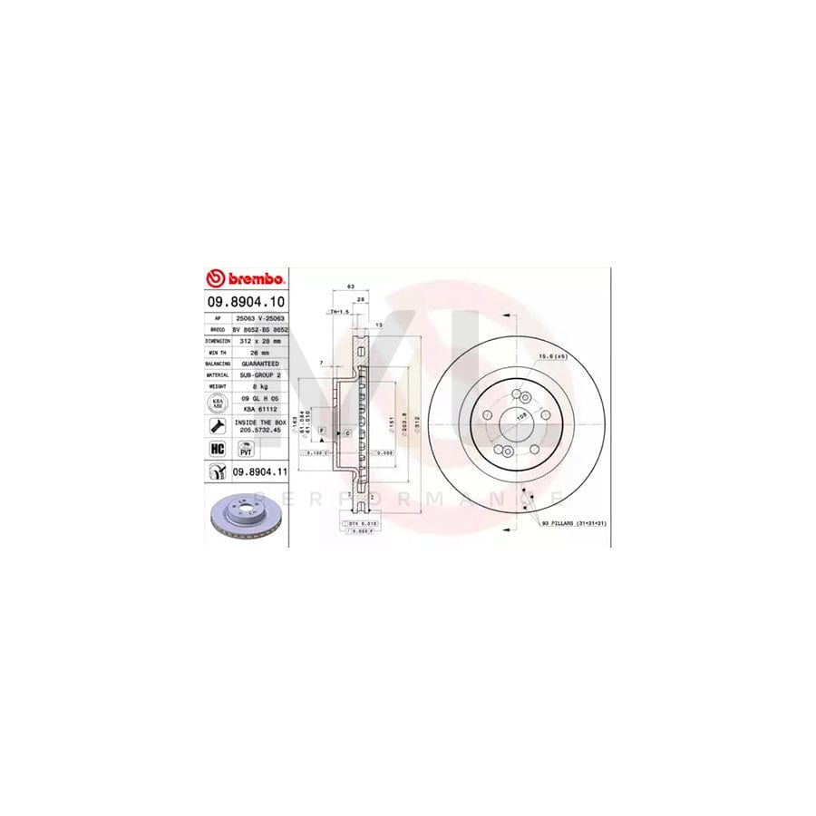 BREMBO COATED DISC LINE 09.8904.11 Brake Disc Internally Vented, Coated, High-carbon, with bolts/screws | ML Performance Car Parts