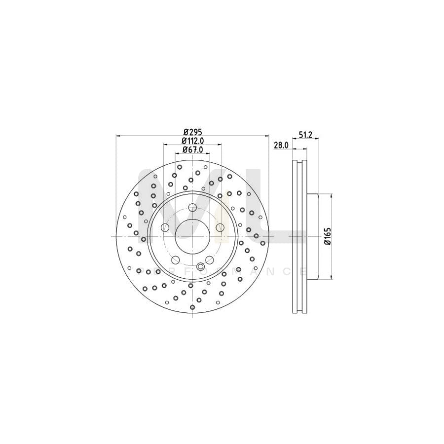 HELLA PRO High Carbon 8DD 355 129-681 Brake Disc Internally Vented, Perforated, Coated, High-carbon, without wheel hub, without wheel studs