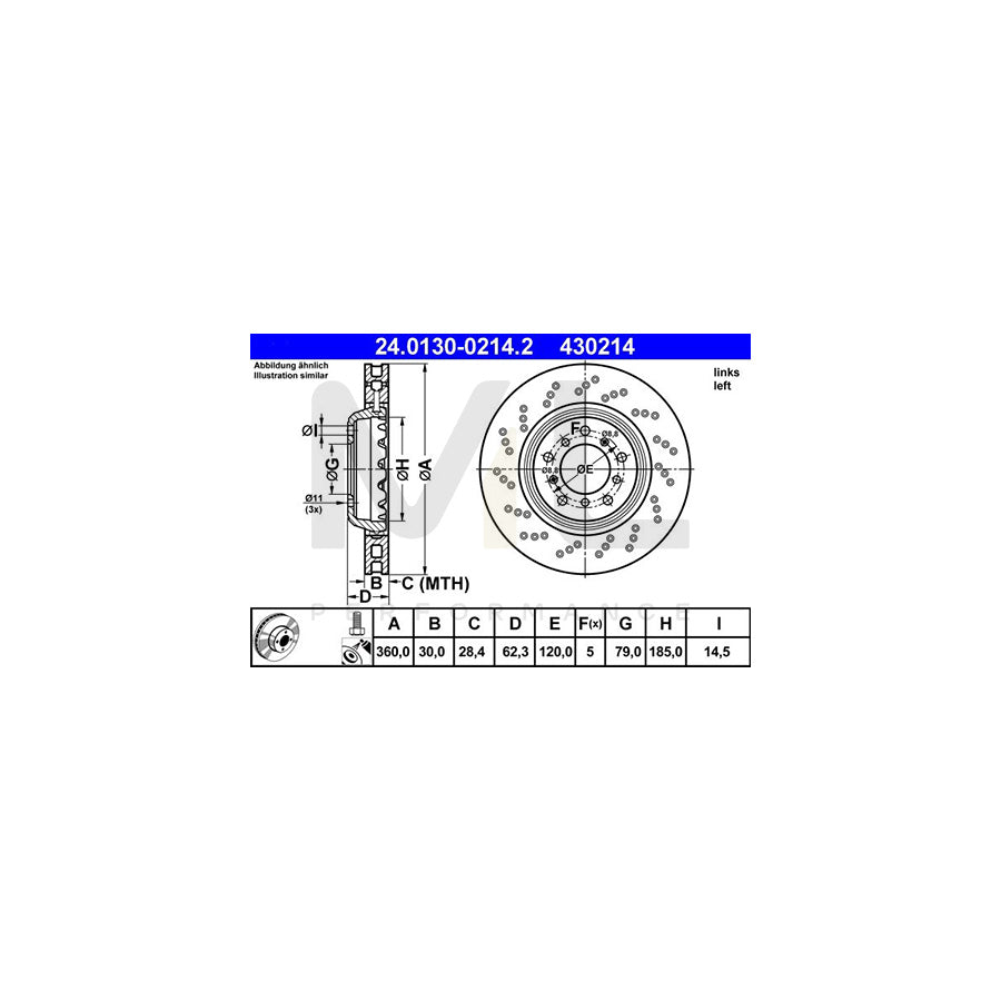 ATE 24.0130-0214.2 Brake Disc Perforated / Vented, Two-piece brake disc, Coated, High-carbon, with bolts/screws