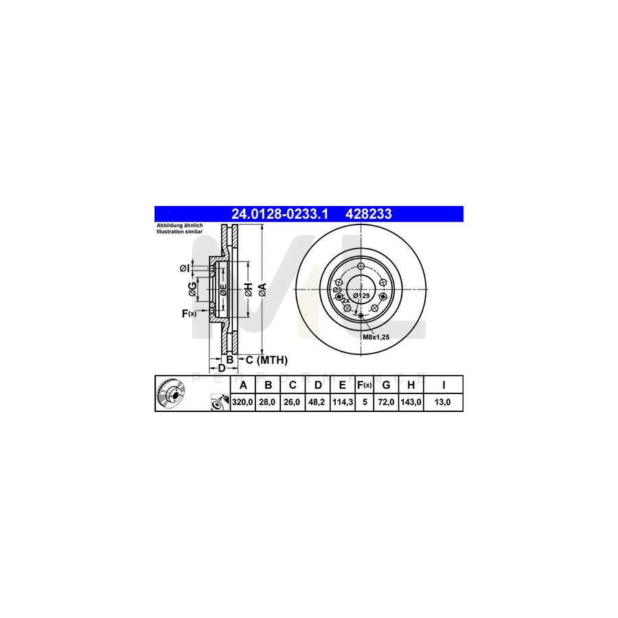 ATE 24.0128-0233.1 Brake Disc Vented, Coated  - 1 piece