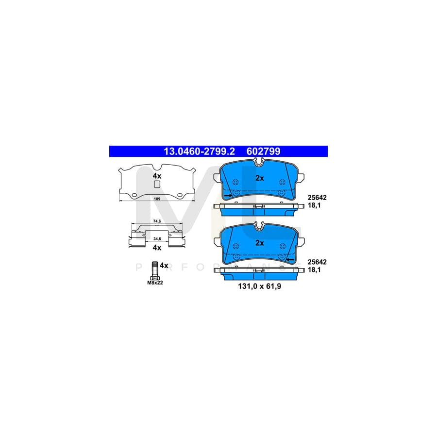 ATE 13.0460-2799.2 Brake pad set for PORSCHE Macan (95B) excl. wear warning contact, prepared for wear indicator, with anti-squeak plate, with brake caliper screws, with accessories