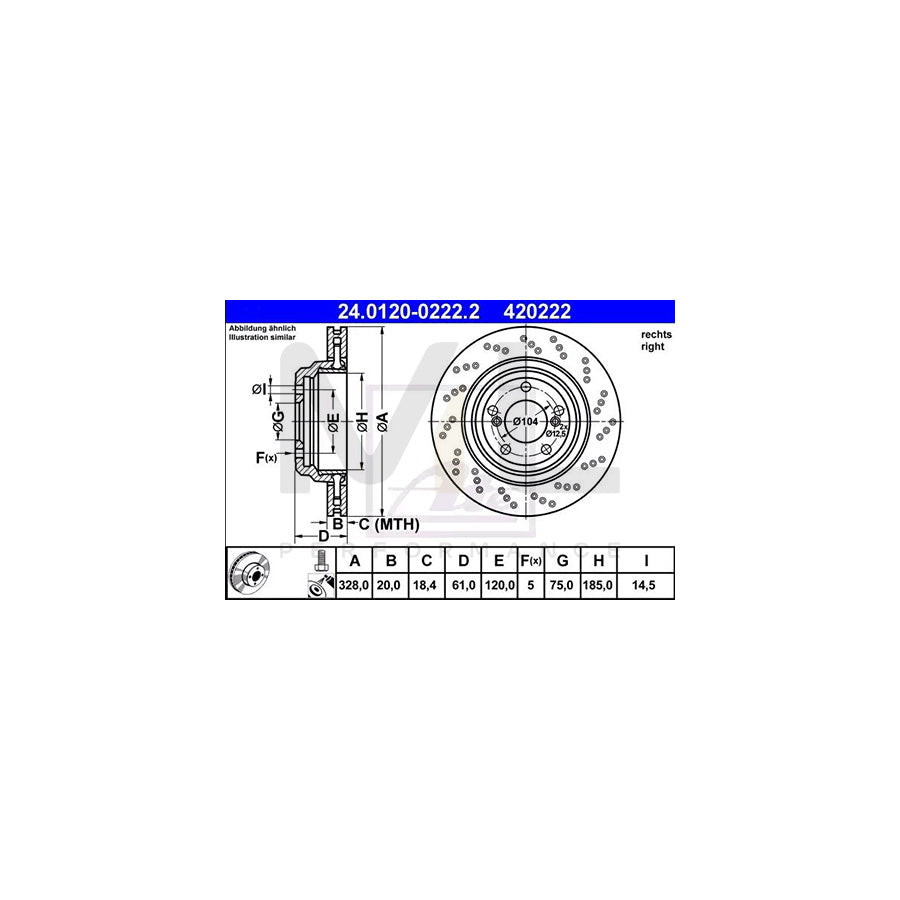 ATE 24.0120-0222.2 Brake Disc Perforated / Vented, Two-piece brake disc, Coated, High-carbon, with bolts/screws