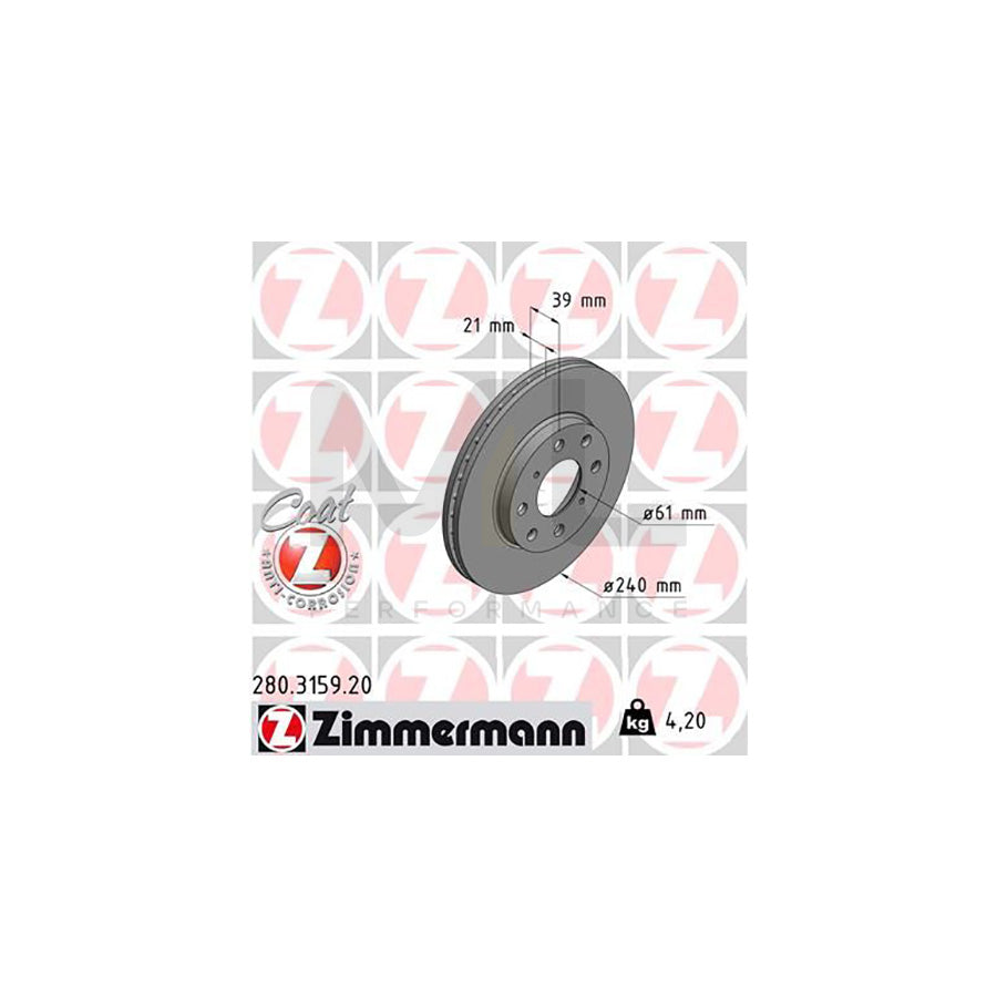 ZIMMERMANN COAT Z 280.3159.20 Brake Disc Internally Vented, Coated  - 1 piece