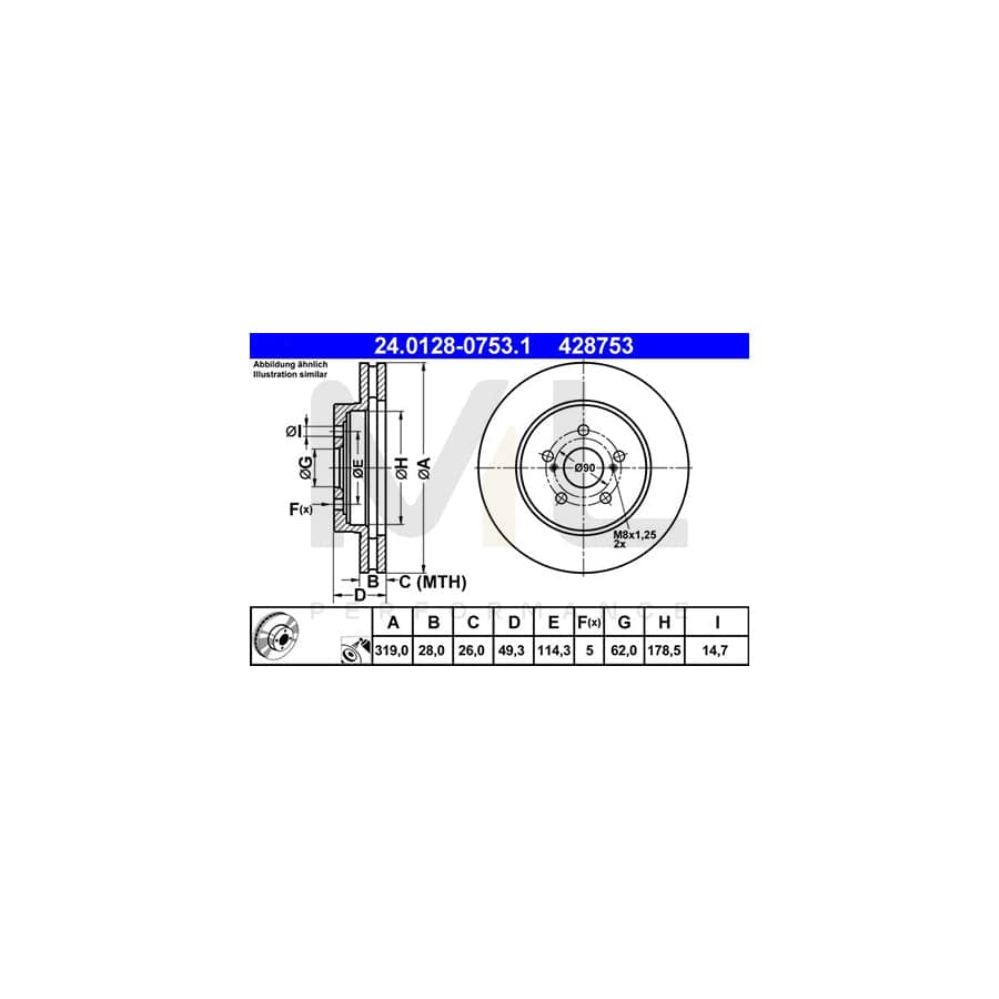 ATE 24.0128-0753.1 Brake Disc Vented, Coated  - 1 piece
