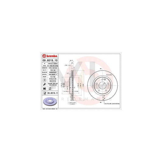 BREMBO 09.8519.10 Brake Disc suitable for MERCEDES-BENZ A-Class (W168) Internally Vented, High-carbon, with bolts/screws | ML Performance Car Parts