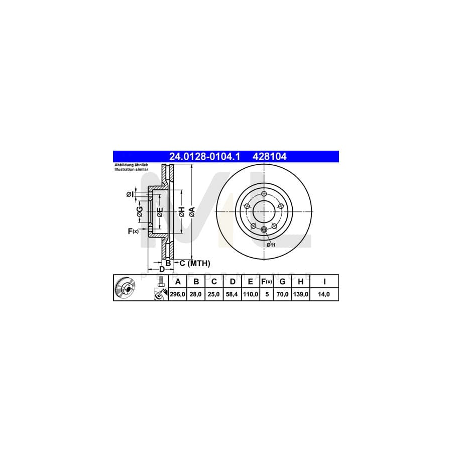 ATE 24.0128-0104.1 Brake Disc Vented, Coated, Alloyed / High-carbon, with bolts/screws  - 1 piece