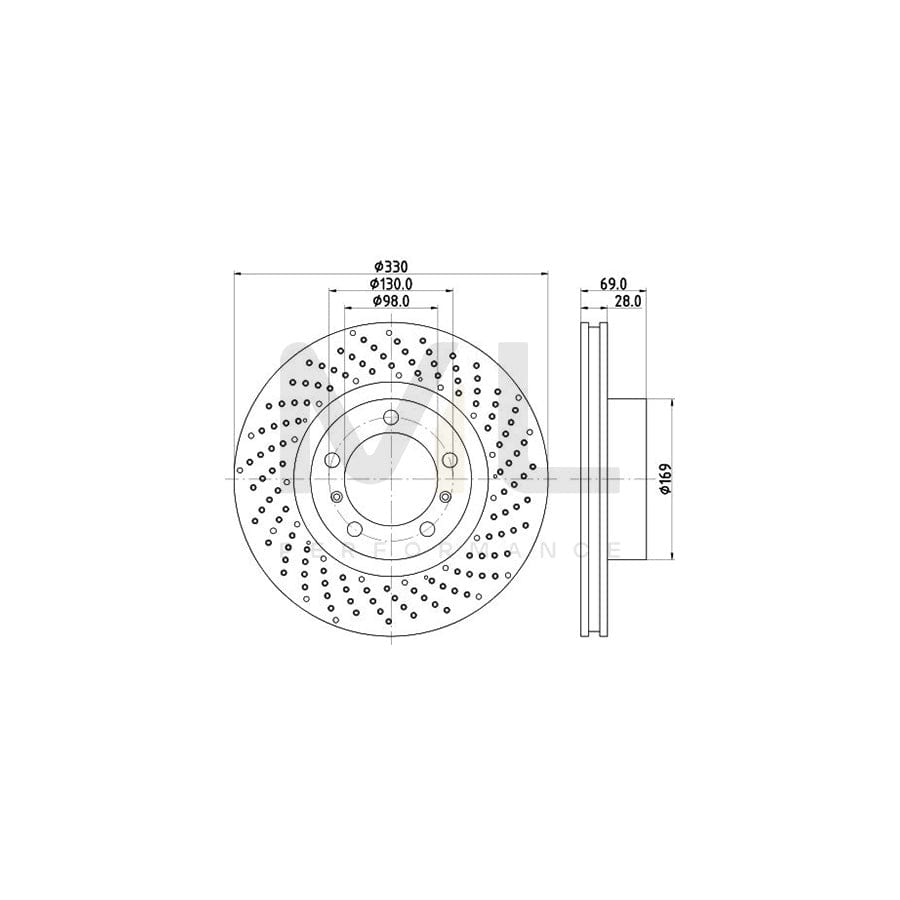 HELLA PRO High Carbon 8DD 355 125-031 Brake Disc Internally Vented, Perforated, Coated, High-carbon, without wheel hub, without wheel studs