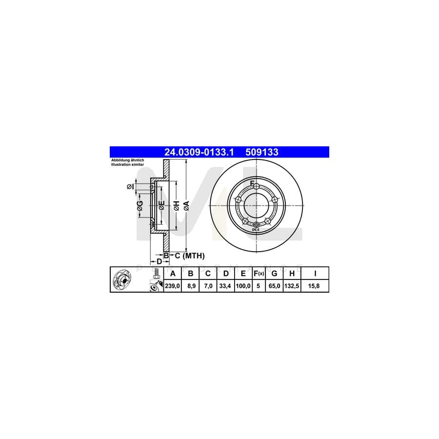 ATE PowerDisc 24.0309-0133.1 Brake Disc Solid, Coated, with bolts/screws  - 1 piece