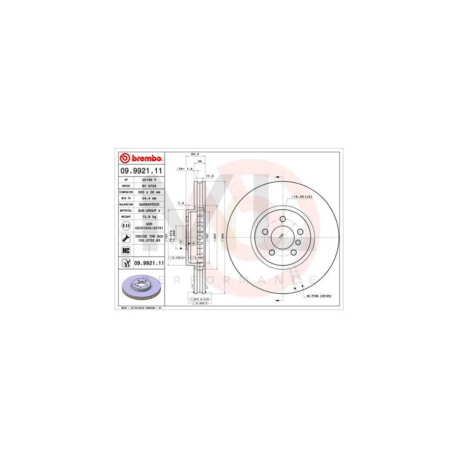 BREMBO COATED DISC LINE 09.9921.11 Brake Disc Internally Vented, Coated, High-carbon, with bolts/screws | ML Performance Car Parts
