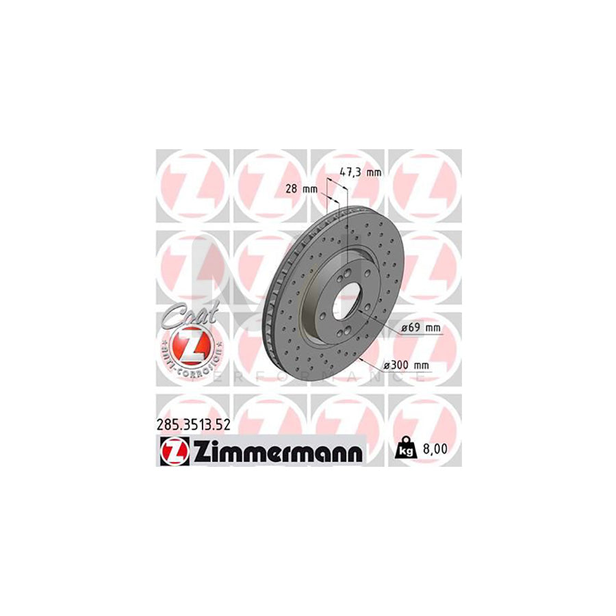 ZIMMERMANN SPORT COAT Z 285.3513.52 Brake Disc Internally Vented, Perforated, Coated  - 1 piece