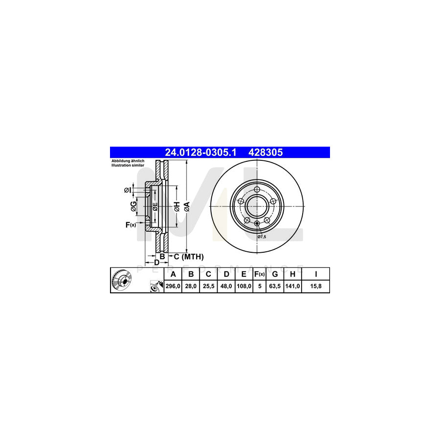 ATE 24.0128-0305.1 Brake Disc Vented, Coated, High-carbon  - 1 piece