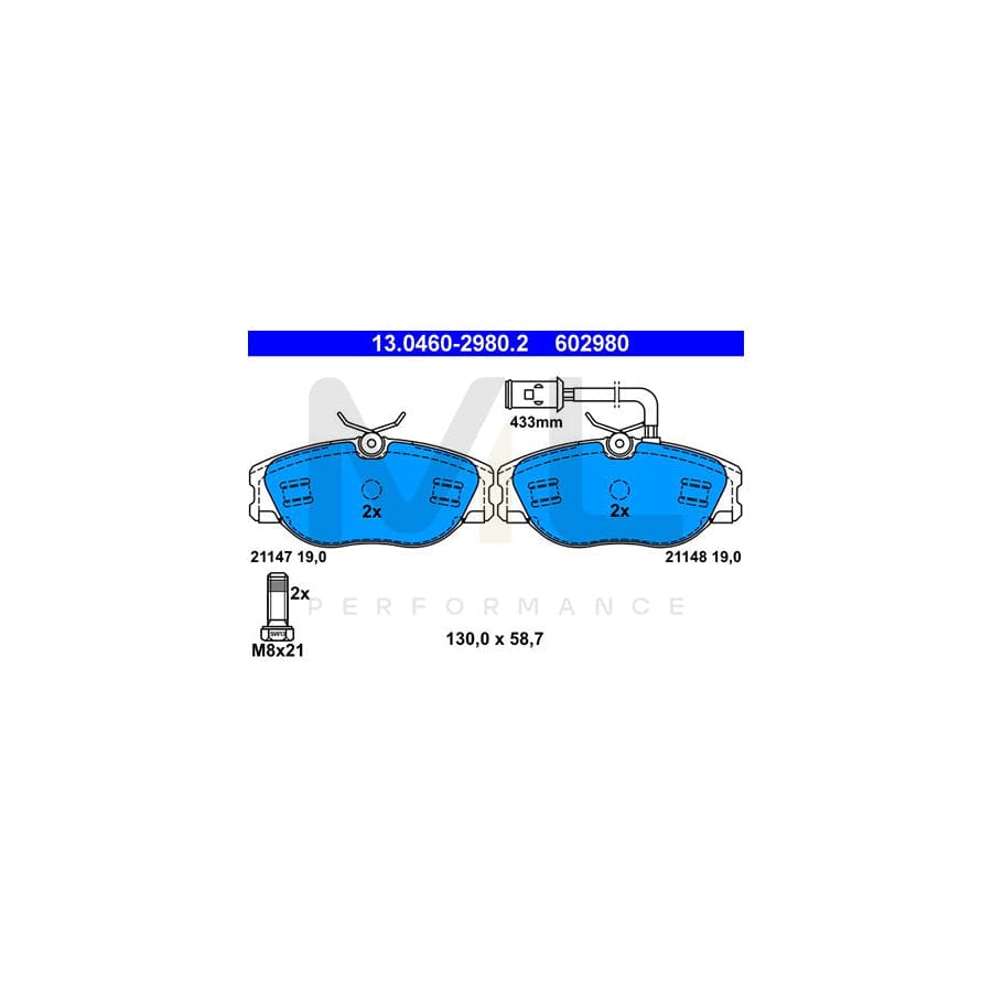 ATE 13.0460-2980.2 Brake pad set incl. wear warning contact, with brake caliper screws