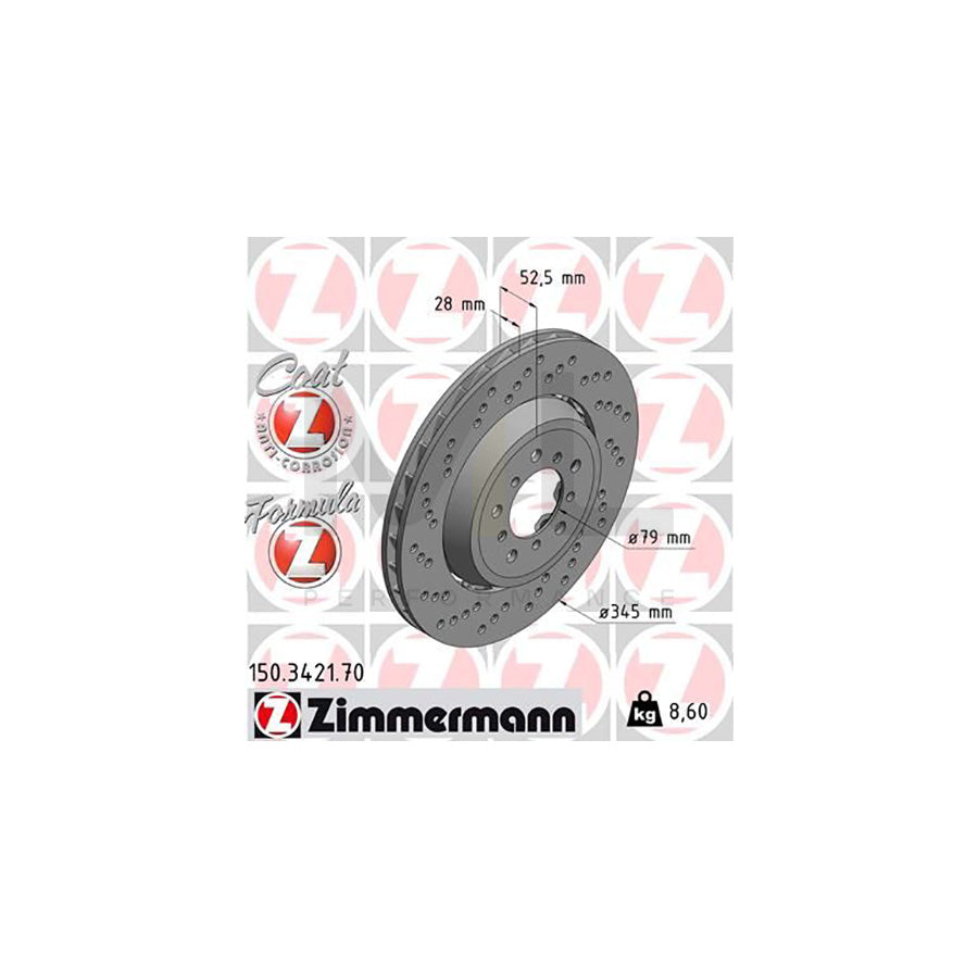 ZIMMERMANN FORMULA Z COAT Z 150.3421.70 Brake Disc Perforated, Two-piece brake disc, Vented, Coated, Alloyed / High-carbon