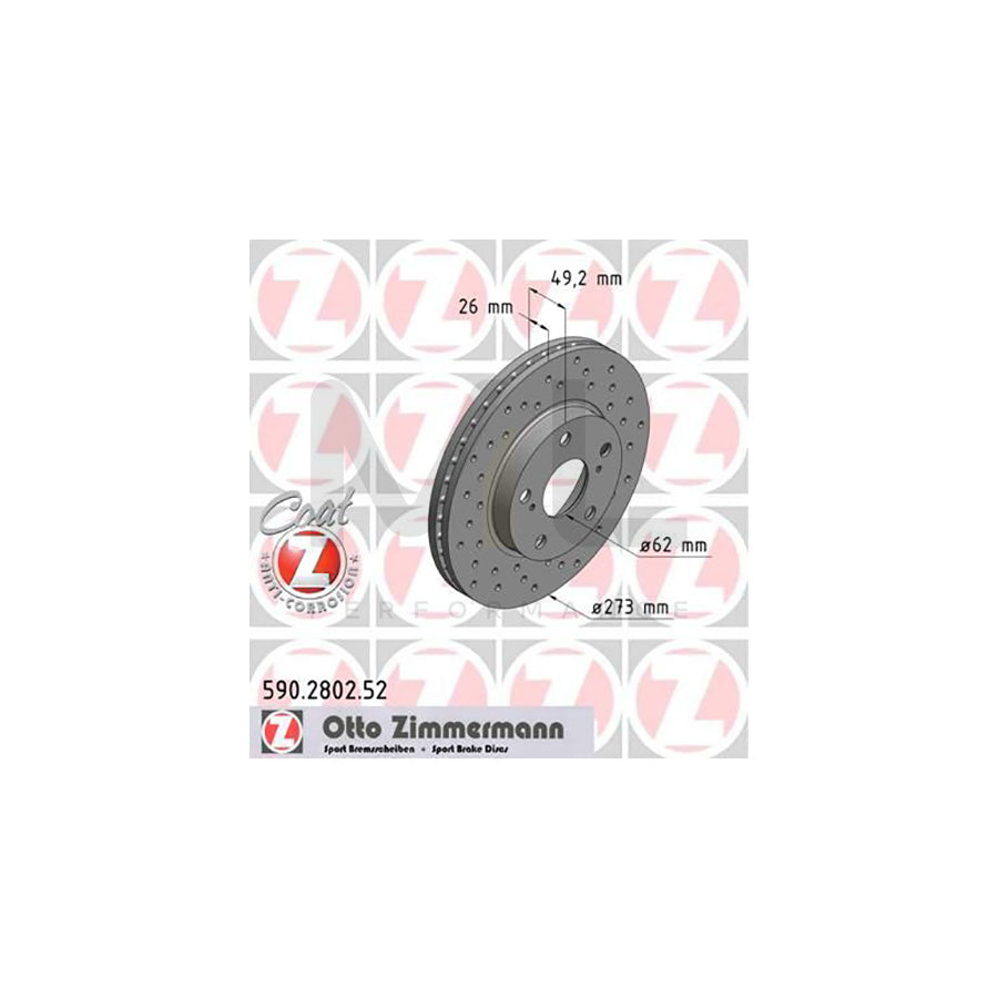 ZIMMERMANN SPORT COAT Z 590.2802.52 Brake Disc for TOYOTA Auris Hatchback (E15) Internally Vented, Perforated, Coated, High-carbon  - 1 piece