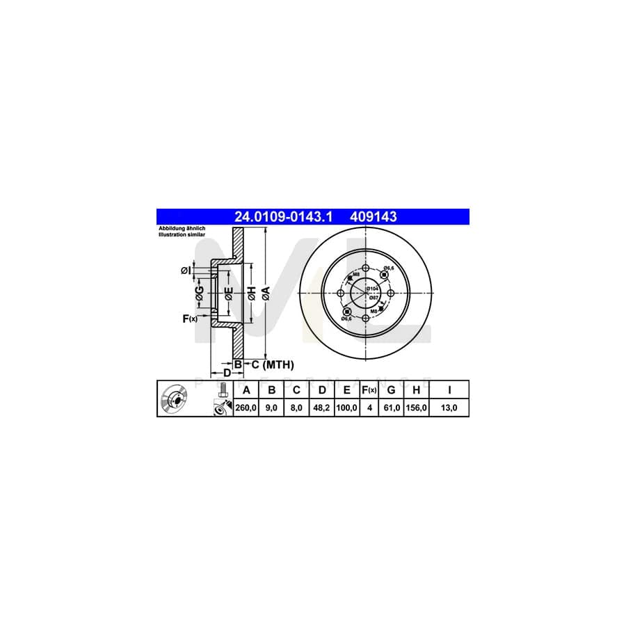 ATE 24.0109-0143.1 Brake Disc for HONDA CIVIC Solid, Coated, with bolts/screws  - 1 piece