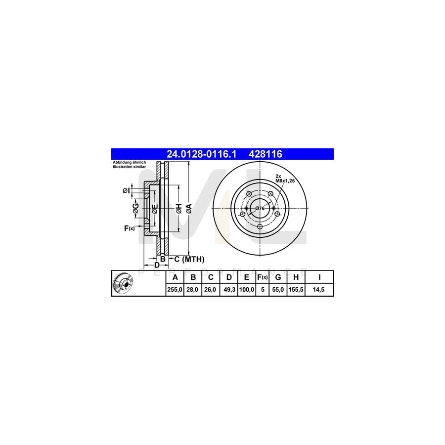ATE 24.0128-0116.1 Brake Disc for TOYOTA CARINA Vented  - 1 piece