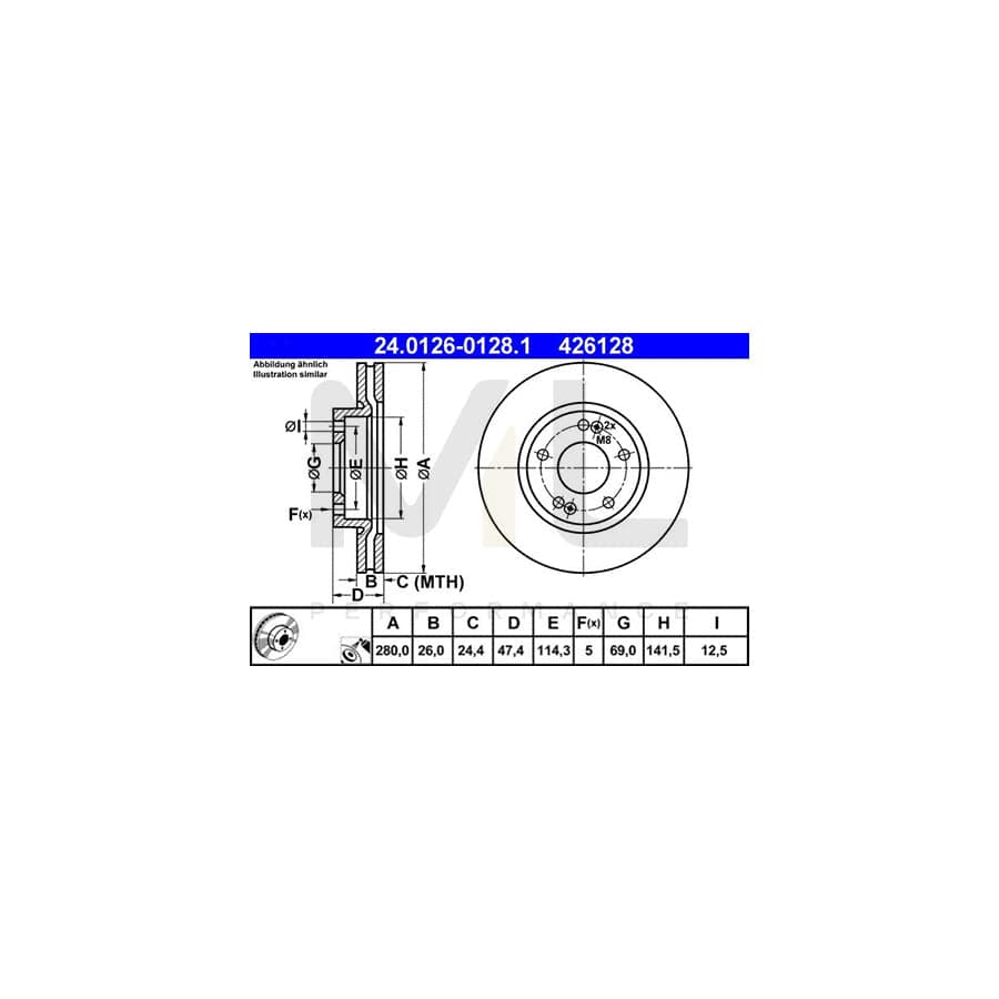 ATE 24.0126-0128.1 Brake Disc Vented, Coated, Alloyed / High-carbon  - 1 piece