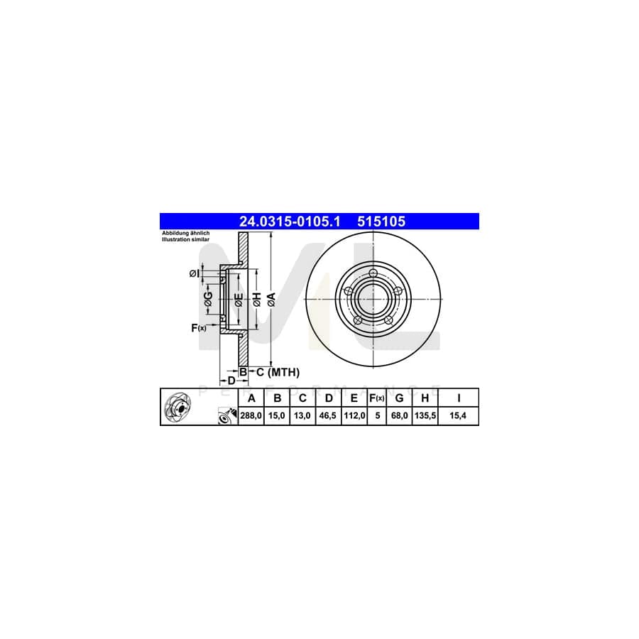 ATE PowerDisc 24.0315-0105.1 Brake Disc Solid, Coated, High-carbon  - 1 piece