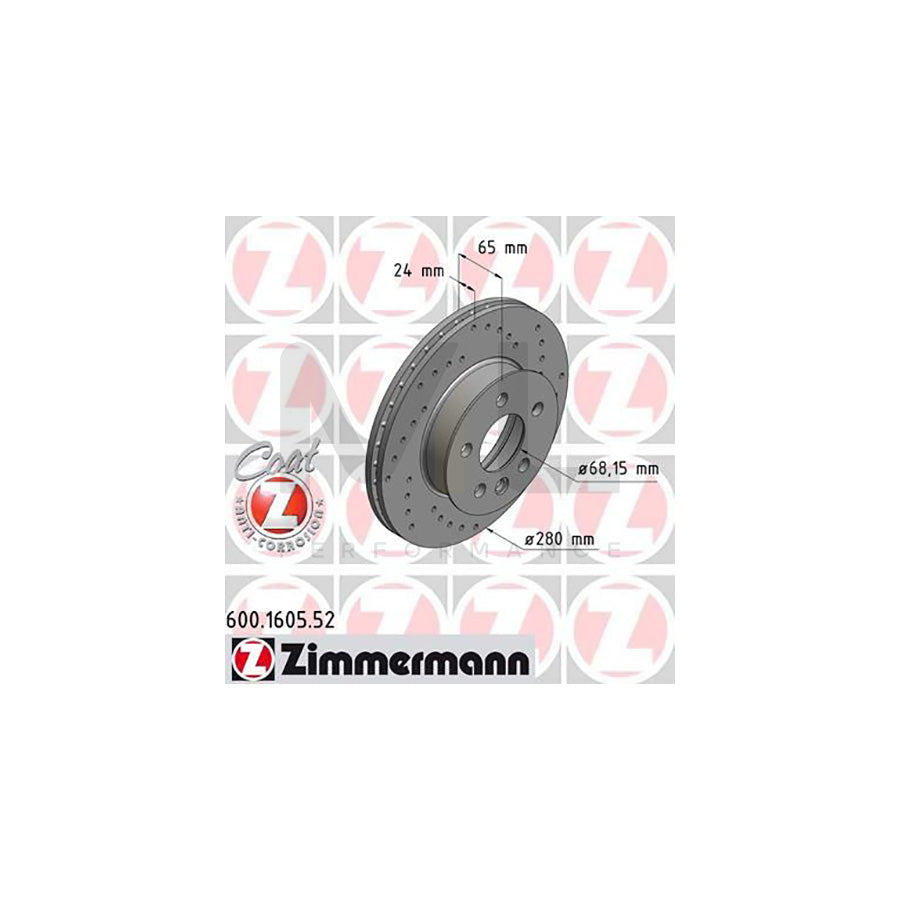 ZIMMERMANN SPORT COAT Z 600.1605.52 Brake Disc for VW TRANSPORTER Internally Vented, Perforated, Coated  - 1 piece