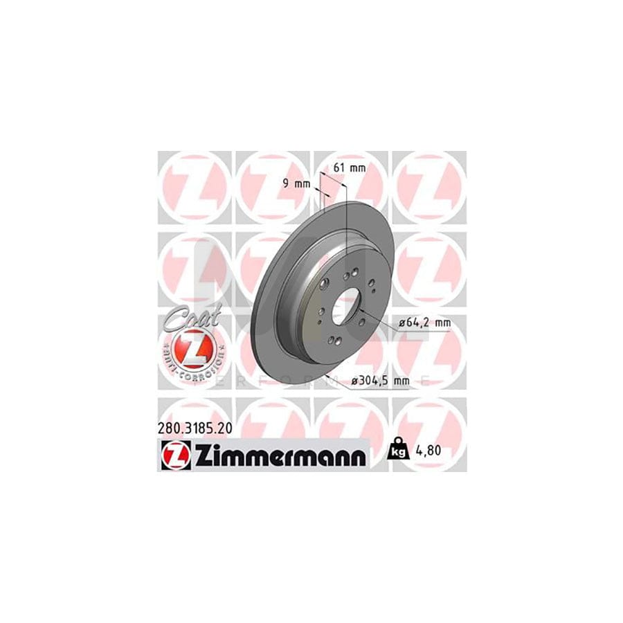 ZIMMERMANN COAT Z 280.3185.20 Brake Disc for HONDA CR-V Solid, Coated  - 1 piece