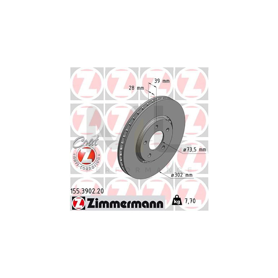 ZIMMERMANN COAT Z 155.3902.20 Brake Disc for CHRYSLER Voyager IV (RG, RS) Externally Vented, Coated, High-carbon  - 1 piece