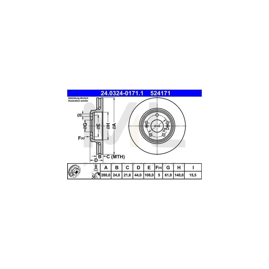ATE PowerDisc 24.0324-0171.1 Brake Disc Vented, Coated, Alloyed / High-carbon, with bolts/screws  - 1 piece