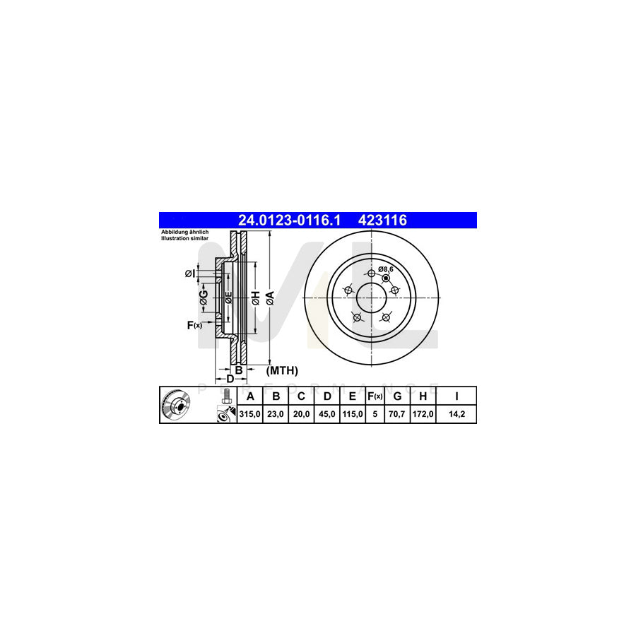 ATE 24.0123-0116.1 Brake Disc Vented, Coated, with bolts/screws  - 1 piece