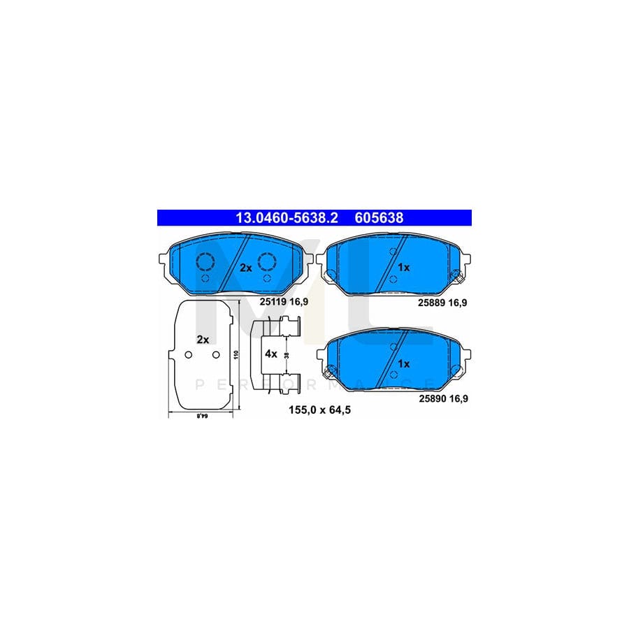 ATE 13.0460-5638.2 Brake pad set for HYUNDAI ix55 (EN) with acoustic wear warning, with anti-squeak plate, with accessories