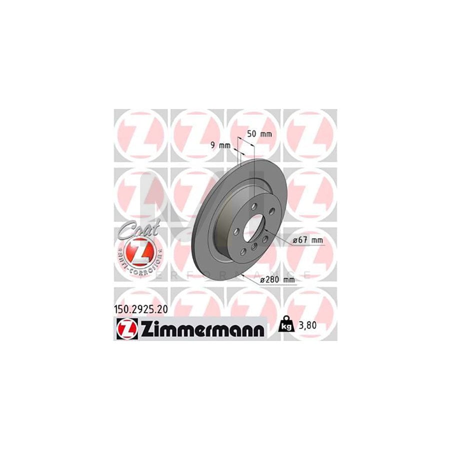 ZIMMERMANN COAT Z 150.2925.20 Brake Disc for BMW i3 (I01) Solid, Coated, High-carbon  - 1 piece