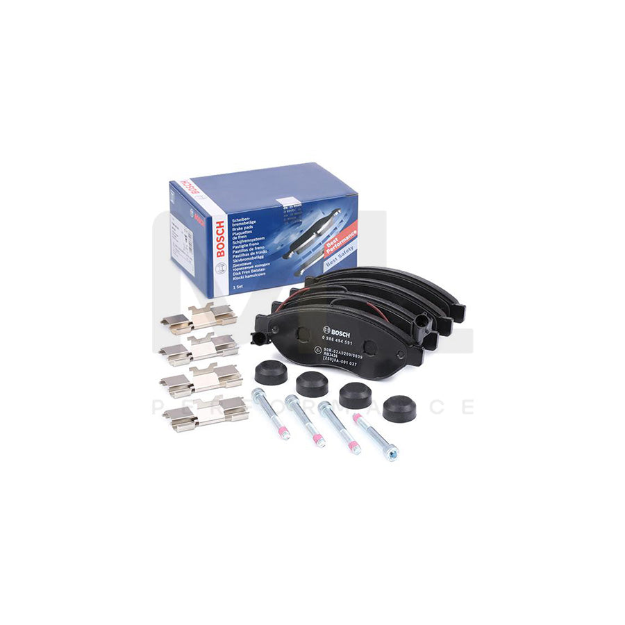Bosch 0986494591 Brake Pad Set With Integrated Wear Sensor, With Anti-Squeak Plate, With Bolts/Screws, With Mounting Manual, With Accessories, With Spring BP1021 | ML Performance Car Parts