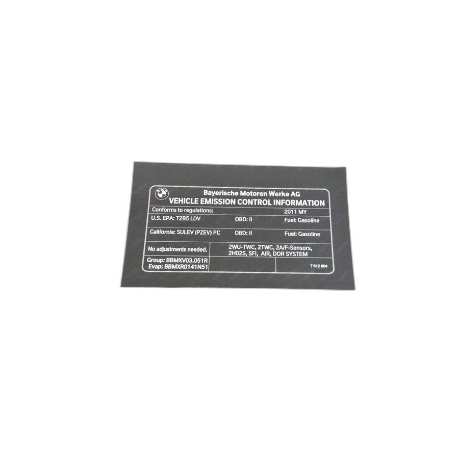 Genuine BMW 71227612804 E82 E92 E93 Label "Exhaust Emission" MY11 (Inc. 328i, 128i & 328xi) | ML Performance US Car Parts