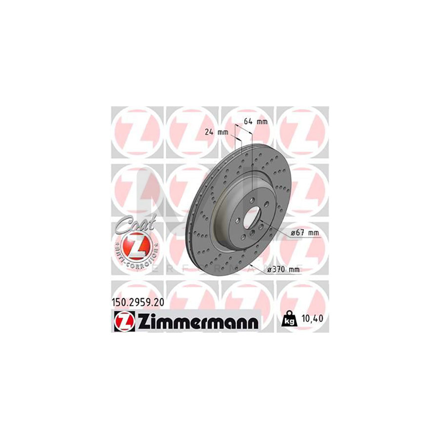 ZIMMERMANN 150.2959.20 Brake Disc Drilled dimples, Internally Vented, Coated, High-carbon