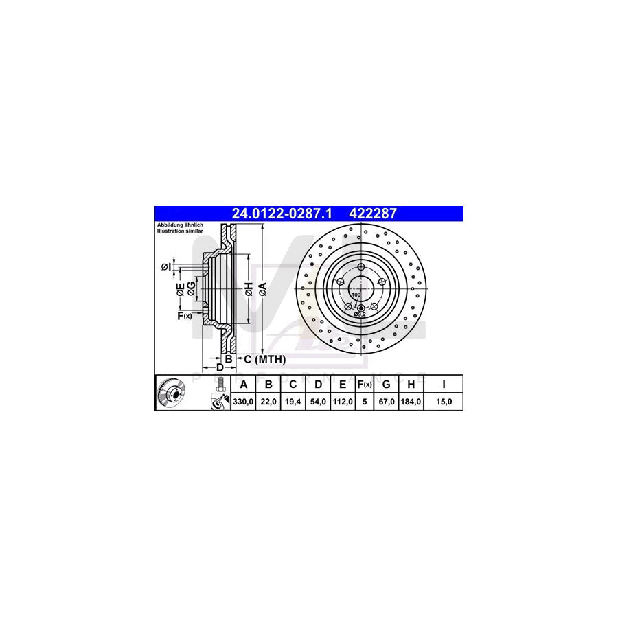ATE 24.0122-0287.1 Brake Disc suitable for MERCEDES-BENZ ML-Class (W166) Perforated / Vented, Coated, Alloyed / High-carbon, with bolts/screws  - 1 piece