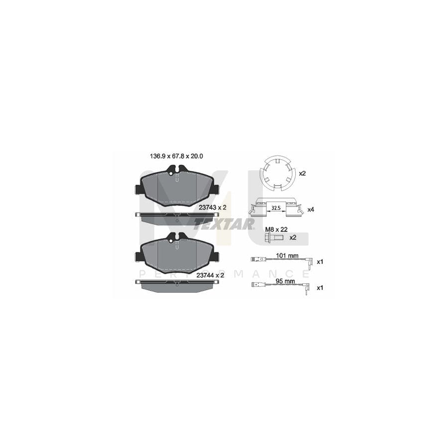 TEXTAR 2374303 Brake pad set suitable for MERCEDES-BENZ E-Class incl. wear warning contact, with brake caliper screws | ML Performance Car Parts