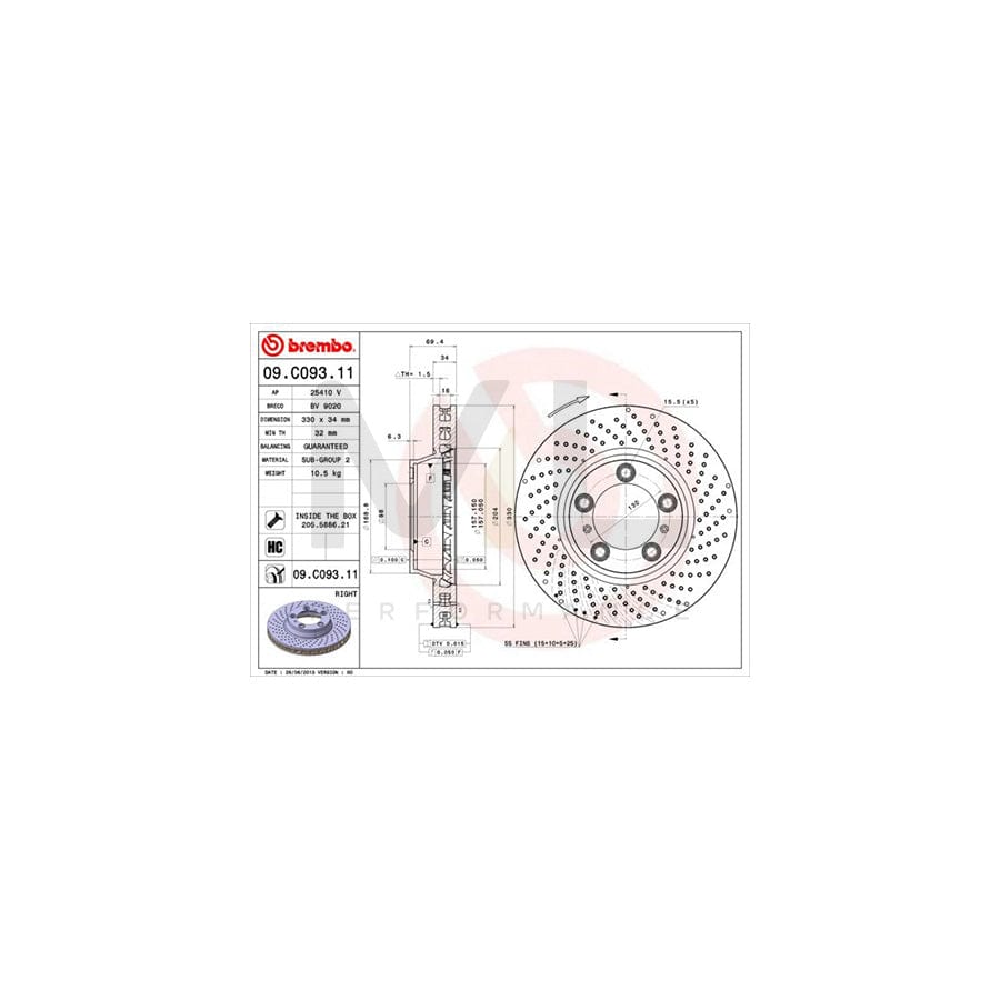 BREMBO COATED DISC LINE 09.C093.11 Brake Disc for PORSCHE 911 Perforated / Vented, Coated, High-carbon, with bolts/screws | ML Performance Car Parts