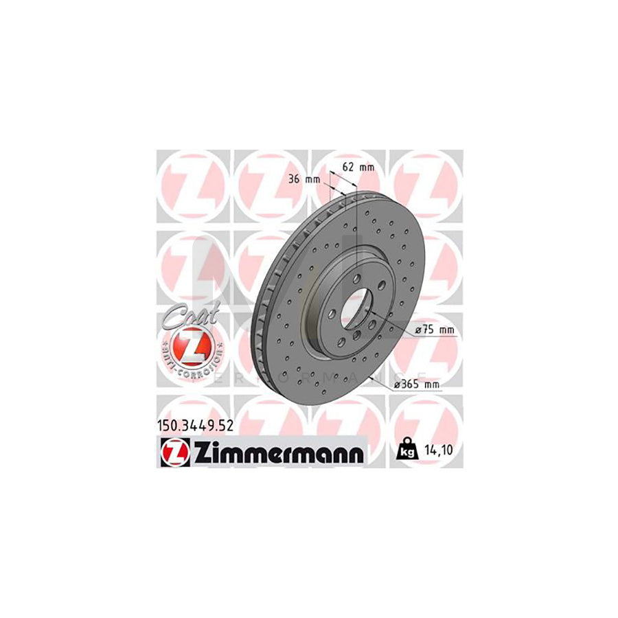 ZIMMERMANN SPORT COAT Z 150.3449.52 Brake Disc Internally Vented, Perforated, Coated, High-carbon  - 1 piece