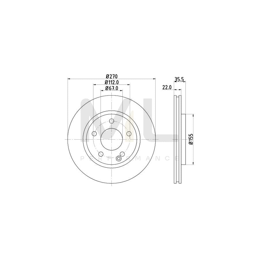 HELLA PRO High Carbon 8DD 355 128-161 Brake Disc suitable for MERCEDES-BENZ Vaneo (W414) Internally Vented, Coated, High-carbon, without wheel hub, without wheel studs
