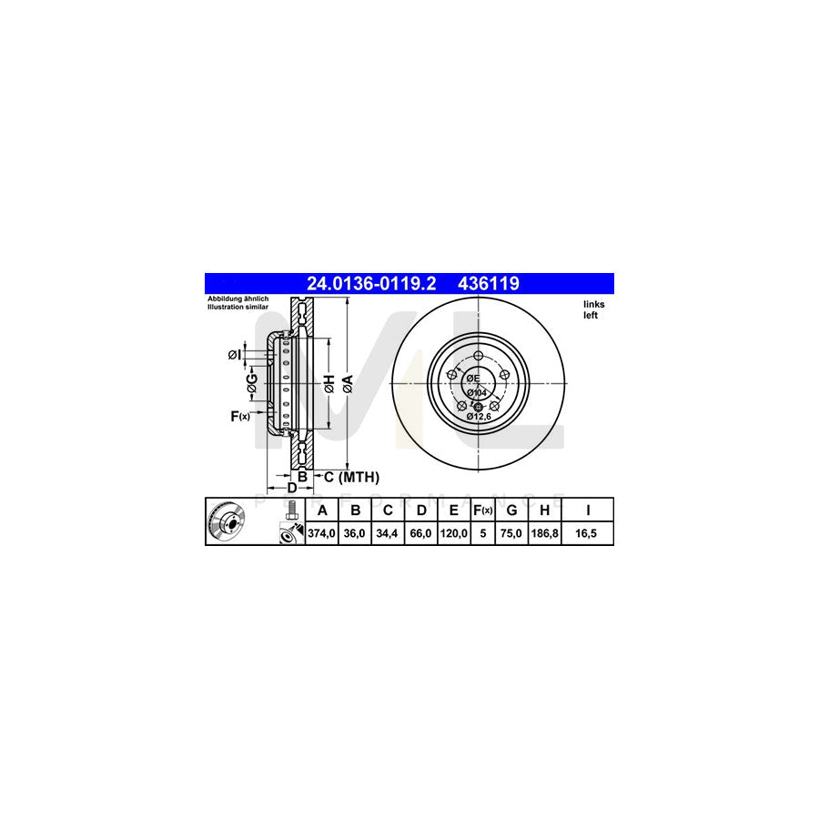 ATE 24.0136-0119.2 Brake Disc Two-piece brake disc, Vented, Coated, High-carbon, with bolts/screws