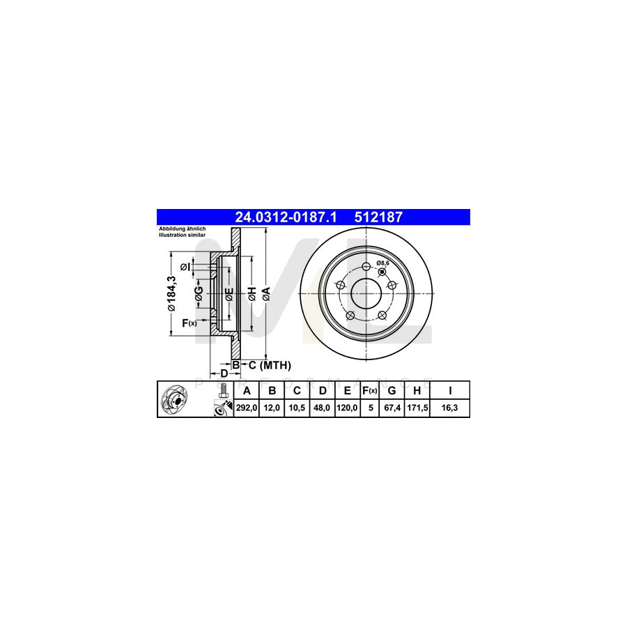 ATE PowerDisc 24.0312-0187.1 Brake Disc Solid, Coated, with bolts/screws  - 1 piece