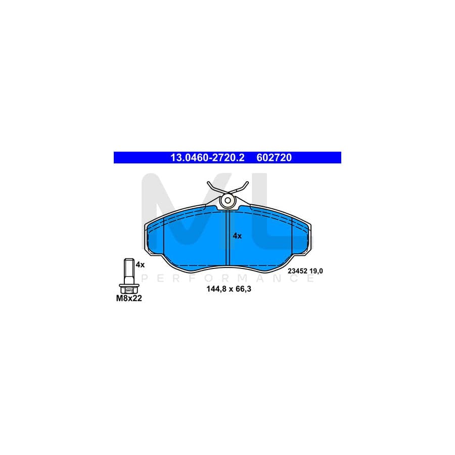 ATE 13.0460-2720.2 Brake pad set excl. wear warning contact, not prepared for wear indicator, with brake caliper screws