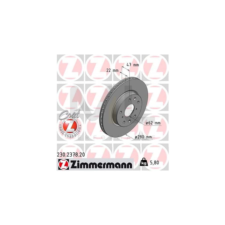 ZIMMERMANN COAT Z 230.2378.20 Brake Disc Internally Vented, Coated  - 1 piece