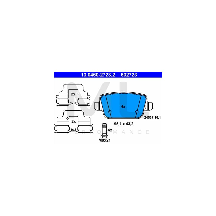 ATE 13.0460-2723.2 Brake pad set excl. wear warning contact, not prepared for wear indicator, with brake caliper screws, with accessories