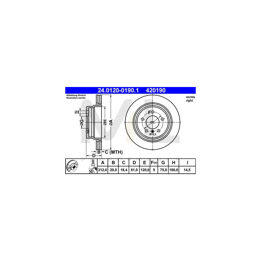 ATE 24.0120-0190.1 Brake Disc Vented, Coated, High-carbon, with bolts/screws