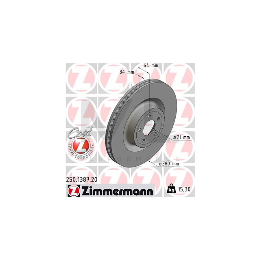ZIMMERMANN COAT Z 250.1387.20 Brake Disc for FORD USA MUSTANG Internally Vented, Coated, High-carbon  - 1 piece