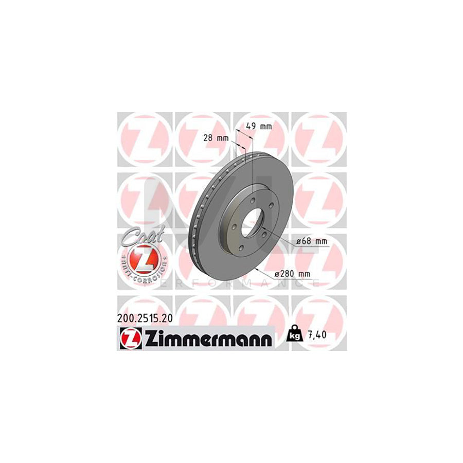ZIMMERMANN COAT Z 200.2515.20 Brake Disc Internally Vented, Coated  - 1 piece
