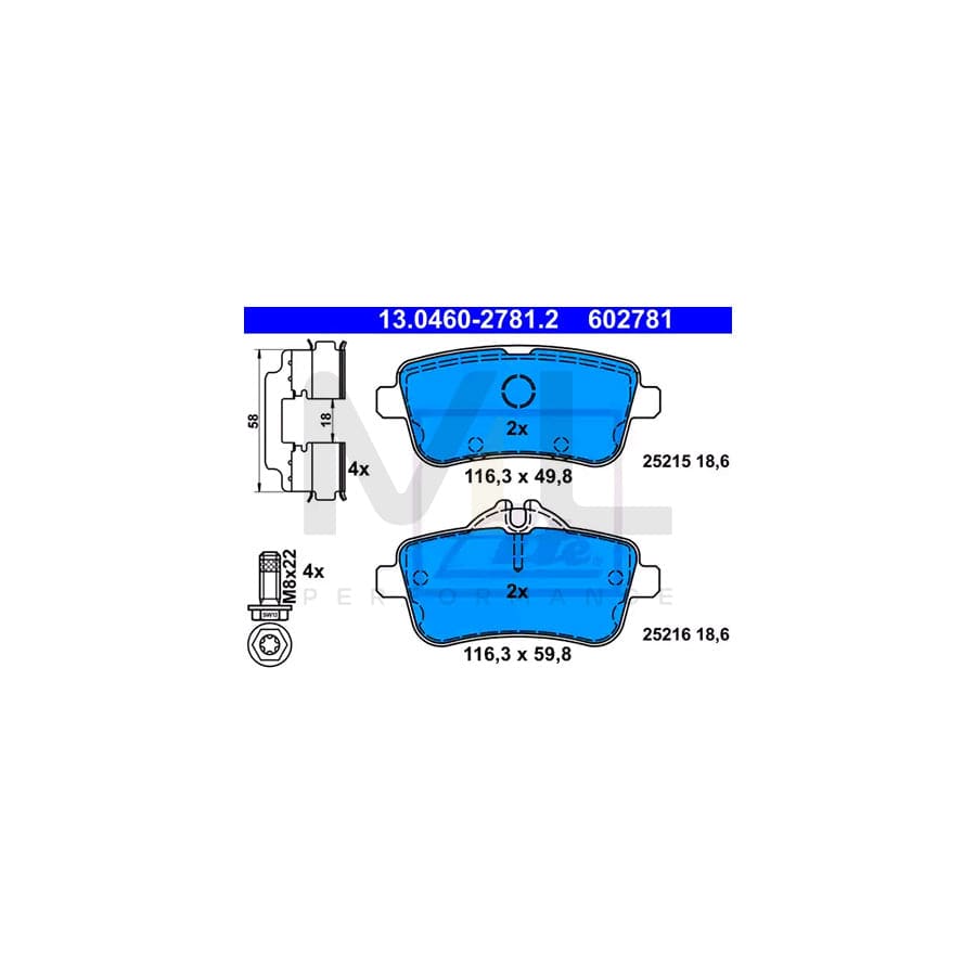 ATE Ceramic 13.0470-2781.2 Brake pad set excl. wear warning contact, prepared for wear indicator, with brake caliper screws, with accessories